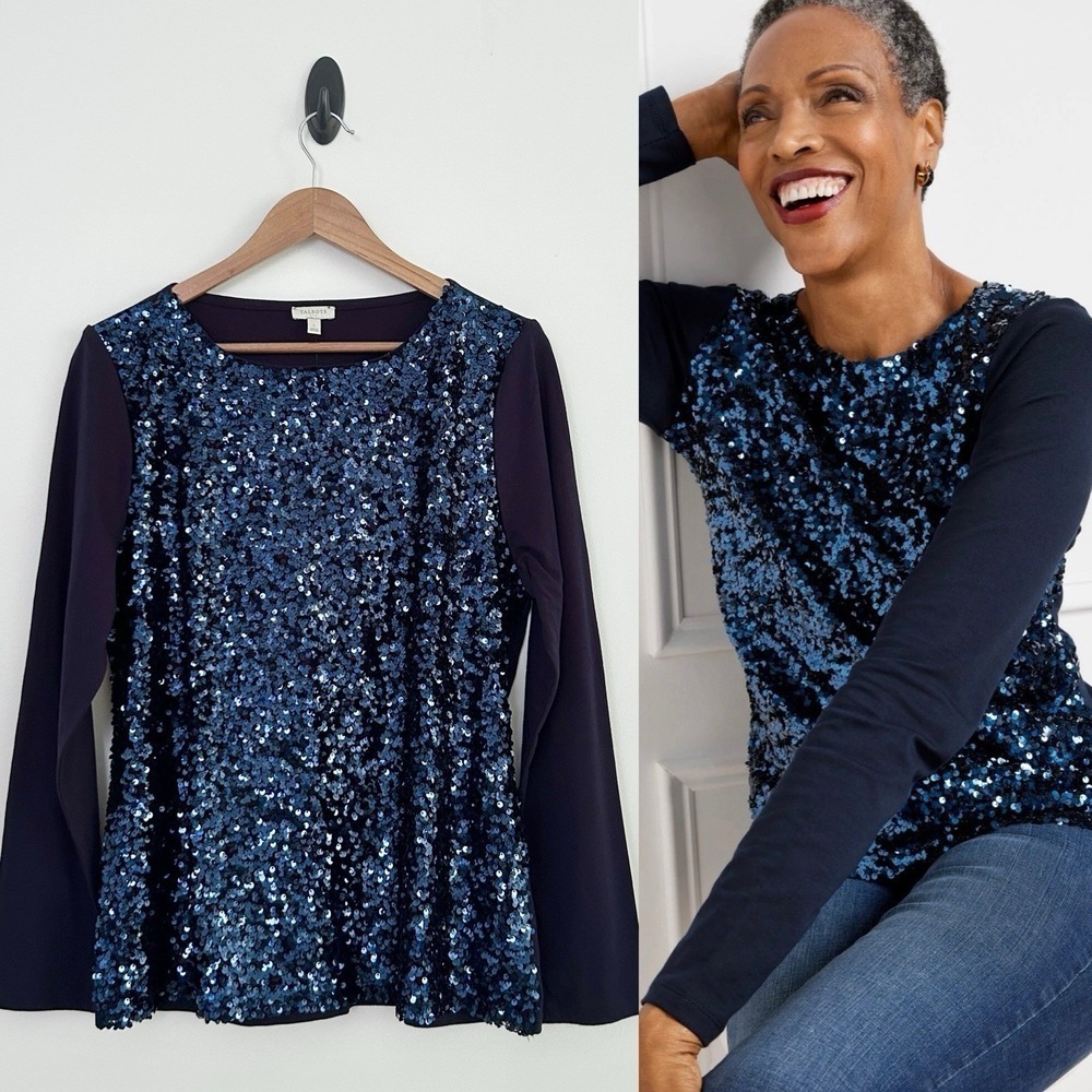 Talbots Women Large Blue 100% Cotton Sequined Long Sleeve Pullover Crew Top NWT